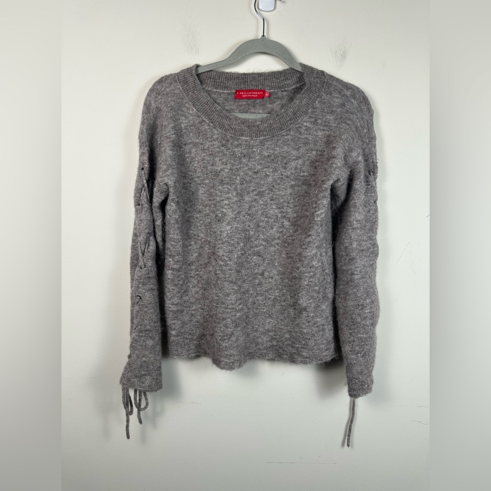 n:PHILANTHROPY Wool Alpaca Sweater Women M‎ Grey EUC Lace Up Tie Sleeve SW493